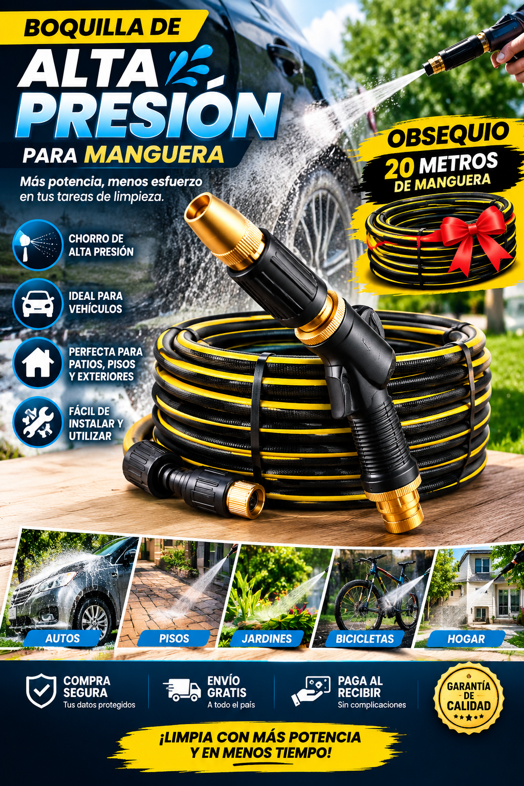 💦 HYDROFORCE 3X™ | Boquilla De Manguera De Alta Presión 3 en 1 GRATIS Manguera de 20 Metros