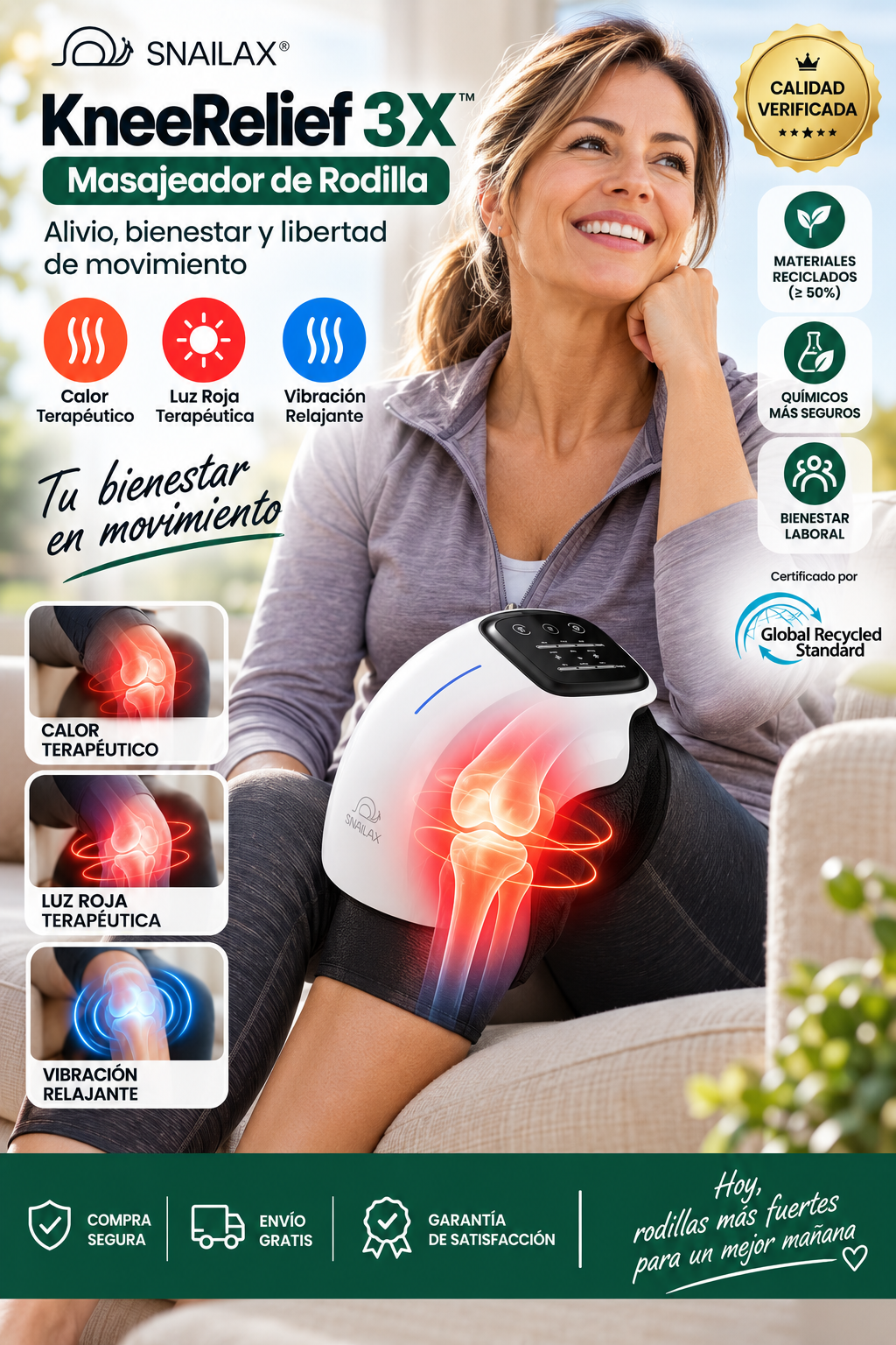🔥 KneeRelief 3X™ | Masajeador de Rodilla con Calor, Luz Roja y Vibración