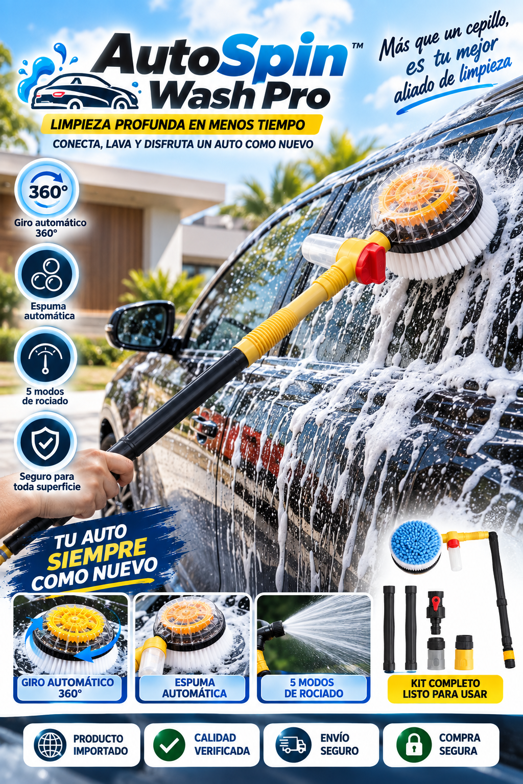 🚗💦 AutoSpin Wash Pro™ | Cepillo Giratorio 360° con Espuma Automática