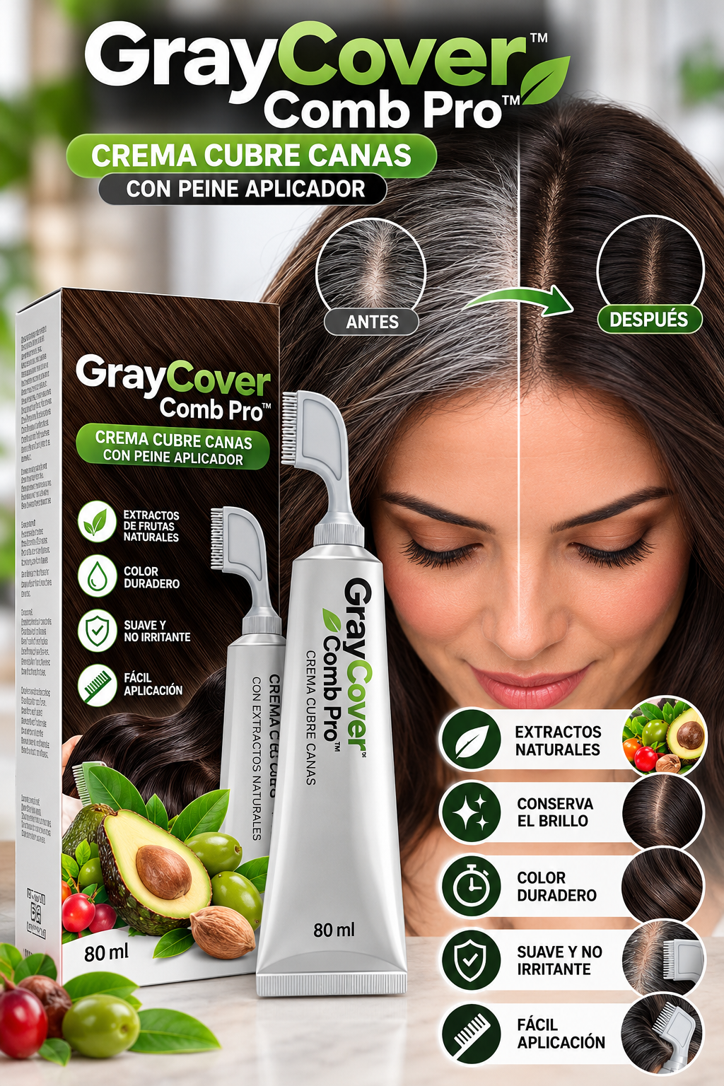 🖤 GrayCover Comb Pro™ | Crema Cubre Canas con Peine Aplicador