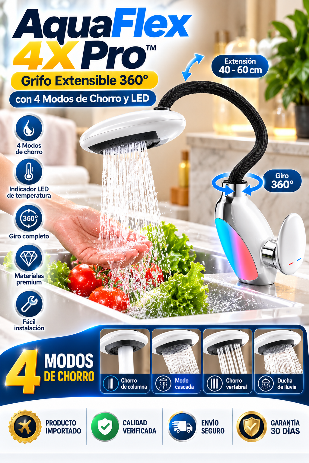 AquaFlex 4X Pro™ | Grifo Extensible 360° con 4 Modos de Chorro y LED