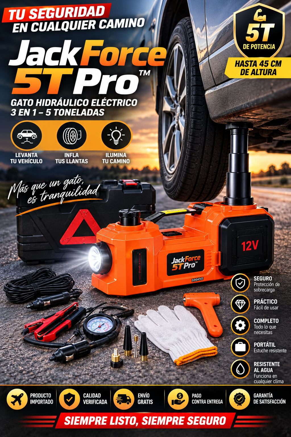 🚗⚡ JackForce 5T Pro™ | Tricket Hidráulico Eléctrico 3 en 1 – 5 Toneladas