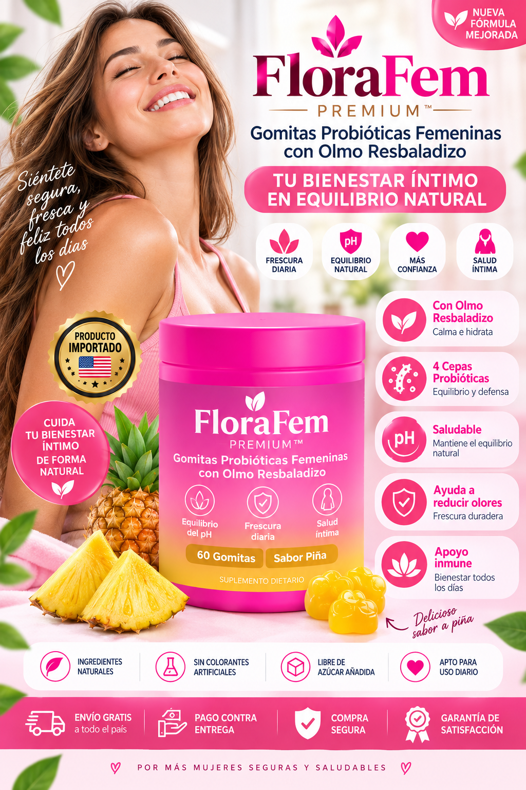 🌸 FloraFem Premium™ | Gomitas Probióticas Femeninas con Olmo Resbaladizo Pineapple Flavor | 60 Gummies - Importada