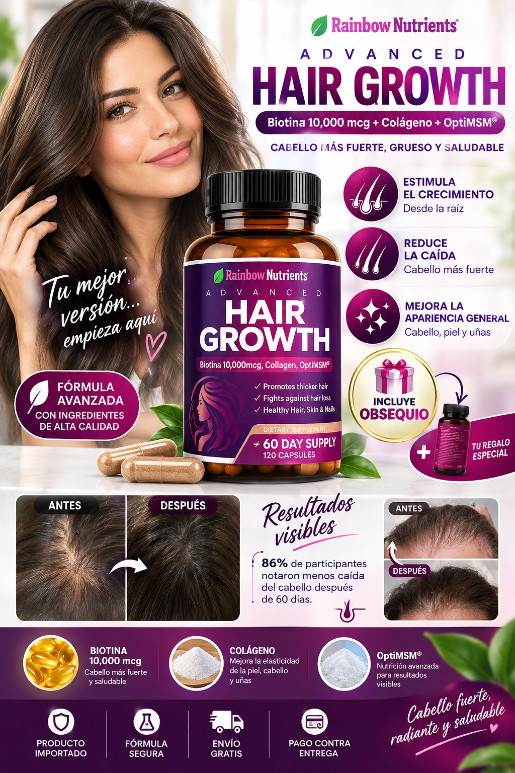 🔥 HairVita Growth Pro™ | Biotina 10,000 mcg + Colágeno + MSM | 🎁 INCLUYE OBSEQUIO