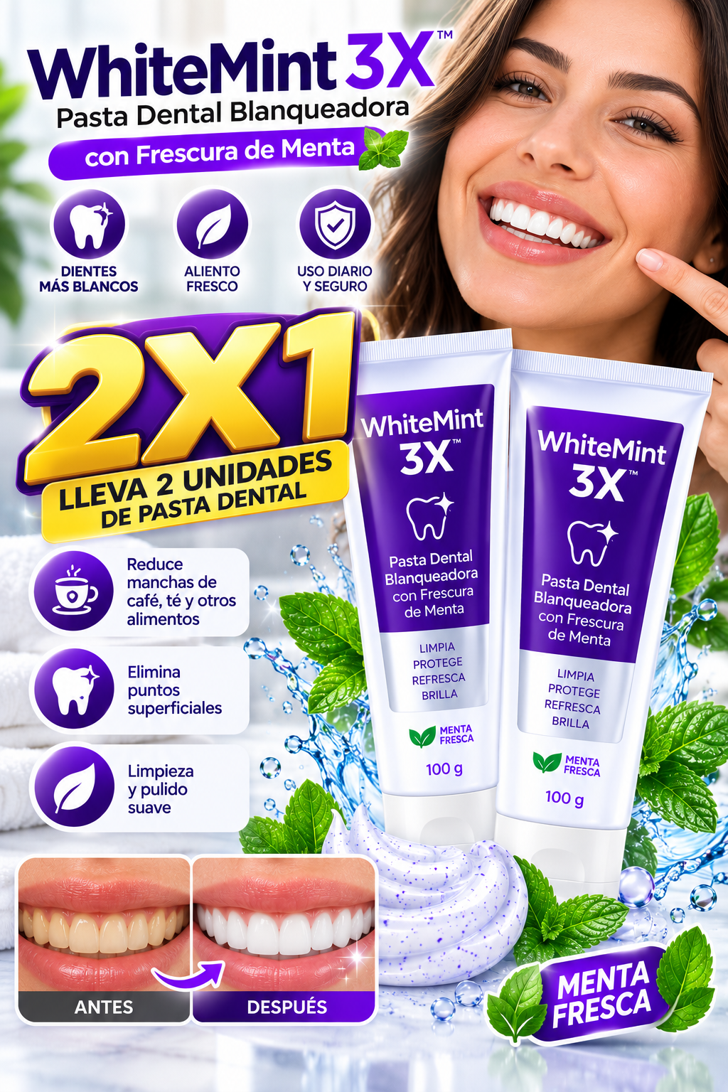 🦷✨ WhiteMint 3X™ | 2X1 Pasta Dental Blanqueadora con Frescura de Menta