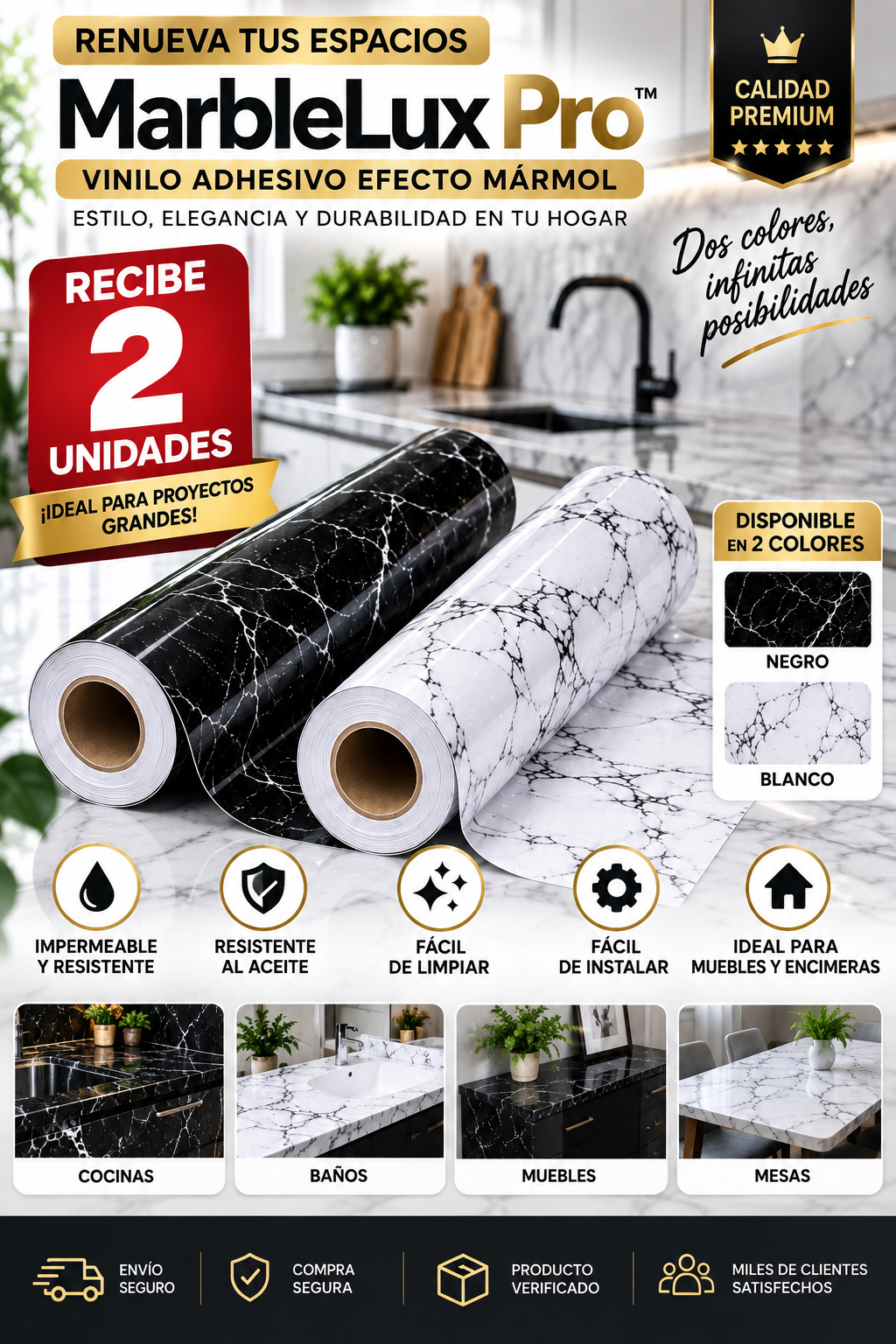 ✨ MarbleLux Pro™ | 2 UNIDADES Vinilo Adhesivo Efecto Mármol