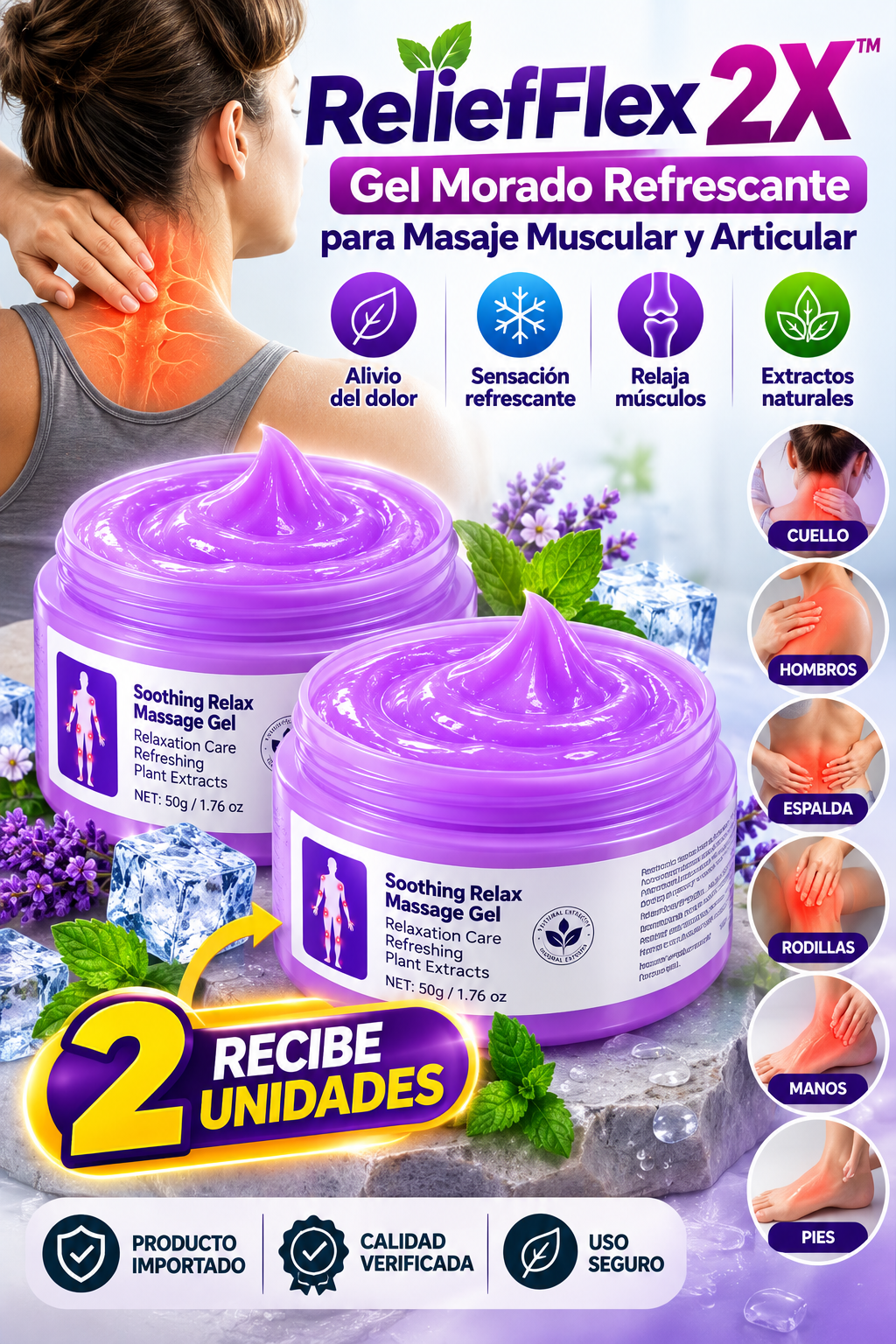 💜❄️ ReliefFlex 2X1™ | Gel Morado Refrescante para Masaje Muscular y Articular