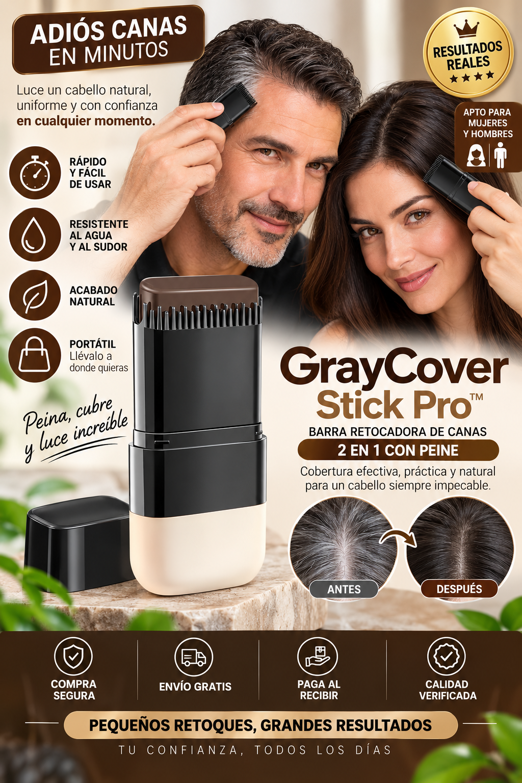 ✨ GrayCover Stick Pro™ | Barra Retocadora de Canas 2 en 1 con Peine
